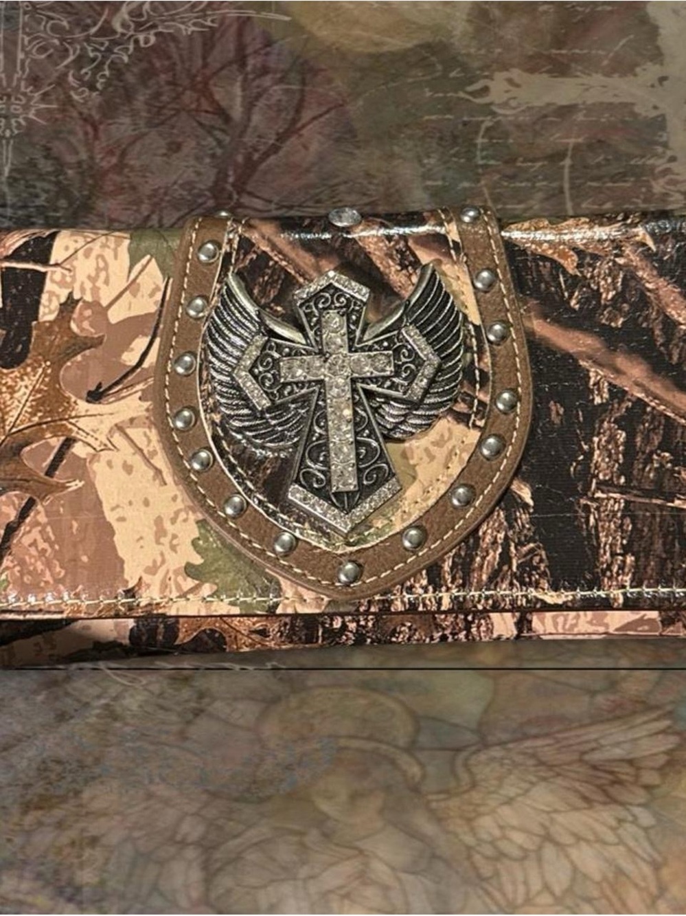 Camo gothic cross angel wing wallet with silver cross with studs
